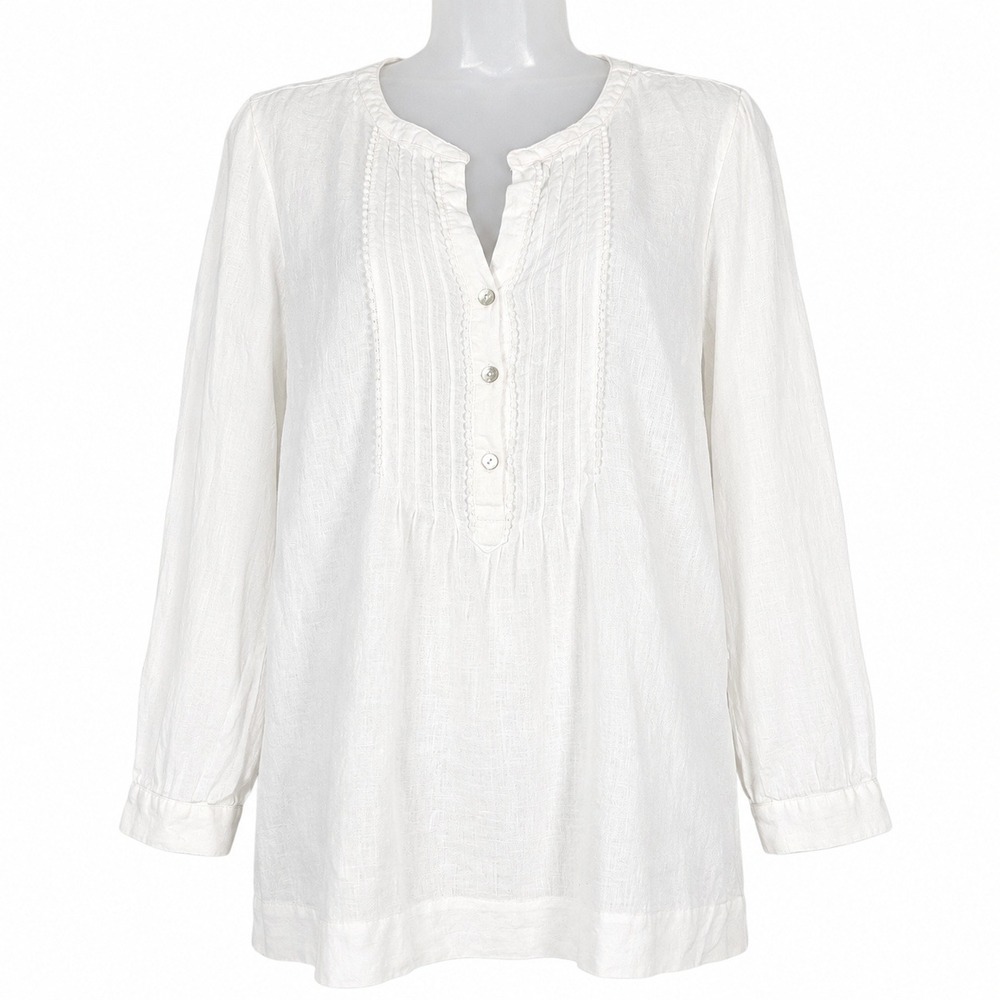 J Jill Love Linen Top Womens M White Pintuck Linen Button Fairy Coastal Vacation